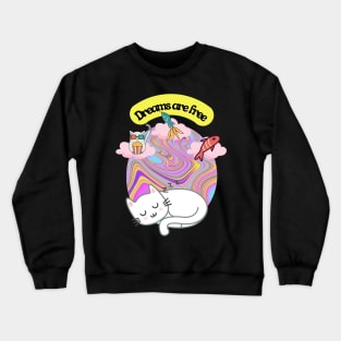 White cat dreaming of food and fun in a psychedelic world Crewneck Sweatshirt